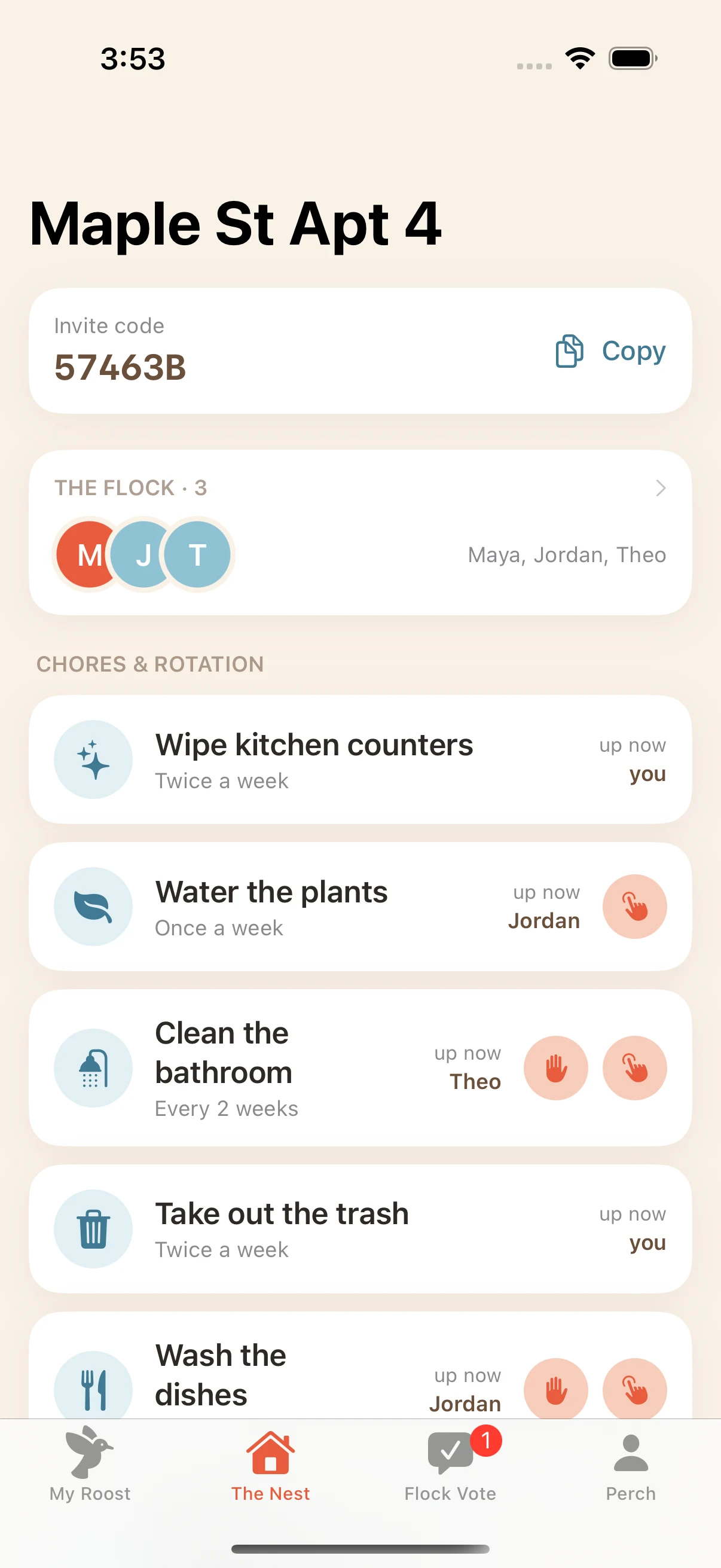 The Nest — chore rotation, flock members, and invite code
