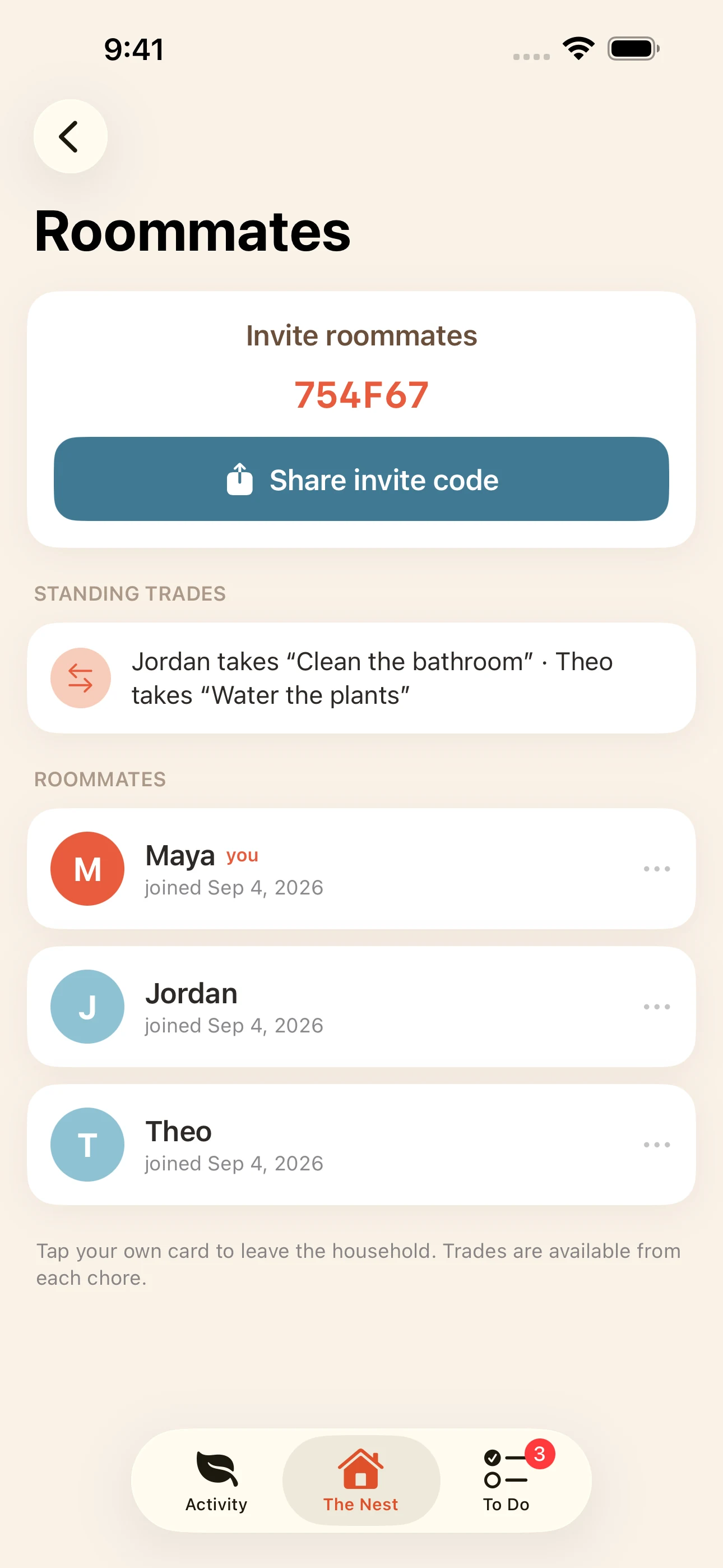 Roommates — household members, invite code, and standing chore trades