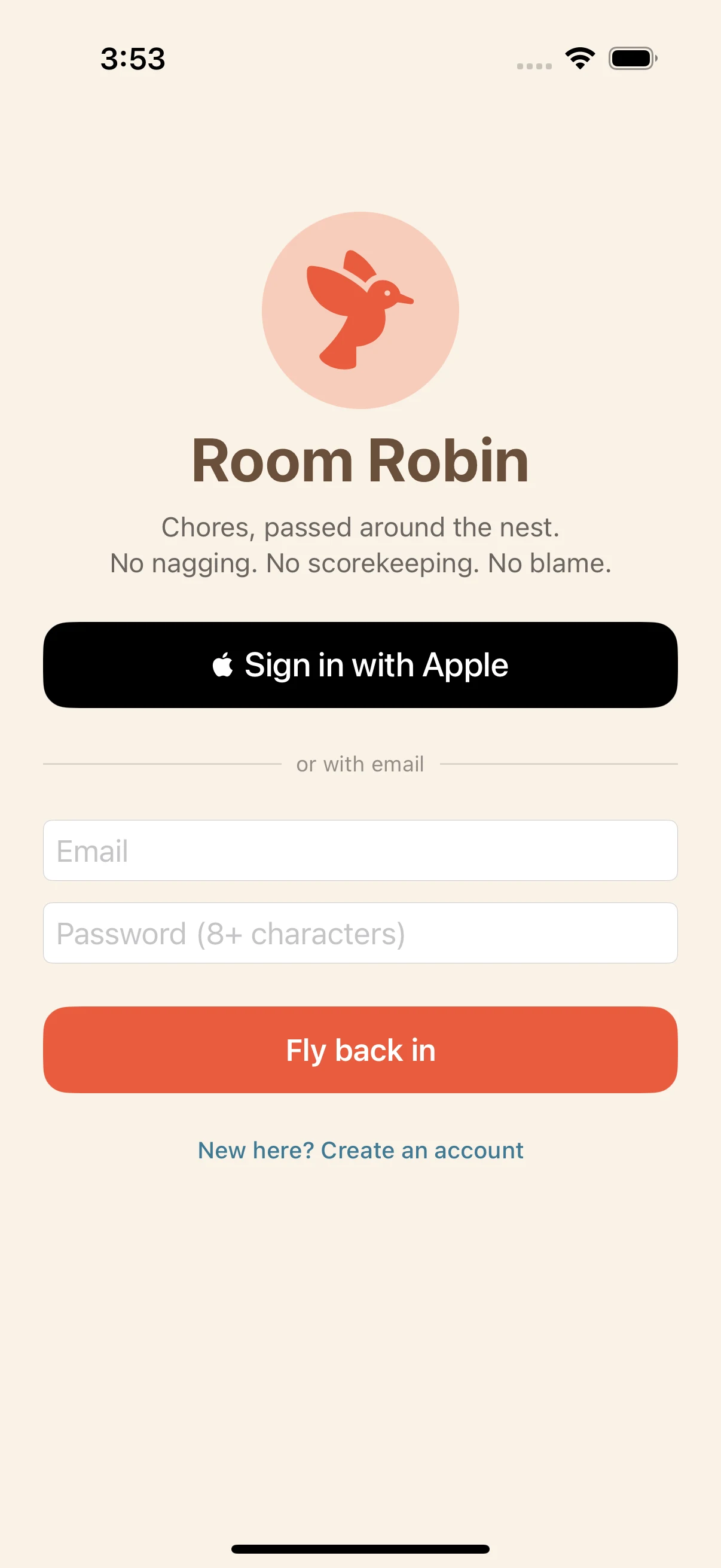 Welcome screen — sign in with Apple or email